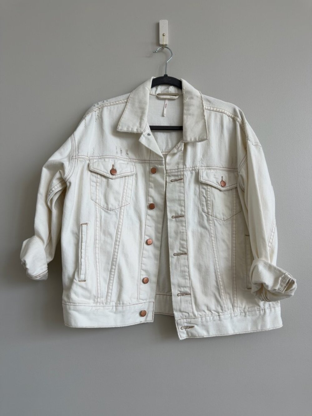 Free People Ivory Distressed Denim Jacket | Oversized Cotton Trucker | XS